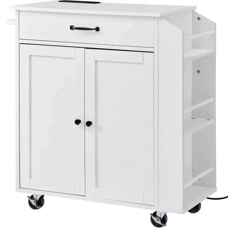 VEVOR Kitchen Island Cart, 32 Mobile Carts with Storage Cabinet, Rolling Table with Power Outlet, Spice Rack, Towel Bar, Adjustable Shelf, White