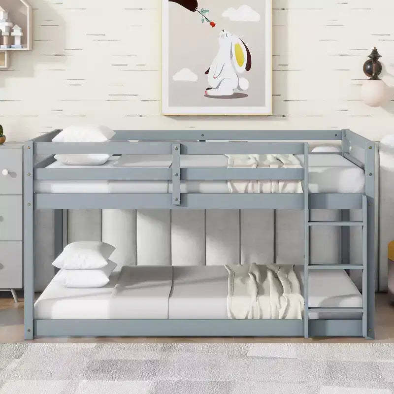 MATEERTY Solid Wooden, Twin Floor Bunk Bed wit Ladder, Upper and Bottom Bed Platforms Crafted with Stregthened Slats Gray