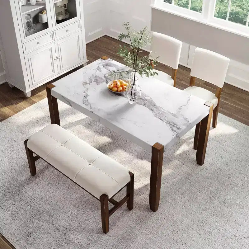 MAYEERTY 4-Piece Modern Dining Set, 46 Faux Marble Table, 2 Chairs & Bench