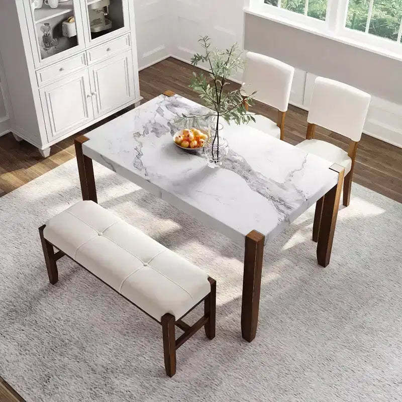 MAYEERTY 4-Piece Modern Dining Set, 46 Faux Marble Table, 2 Chairs & Bench