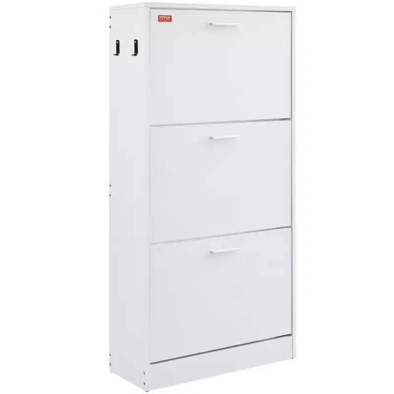 VIYET 51H 3-Flip Drawer Shoe Cabinet,Freestanding Entryway Organizer with Side Hooks for Heels/Boots, White for Hallway/Living Room/Closet