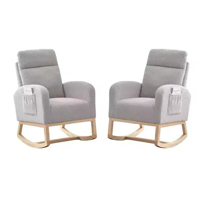 2 Pack Nursery Rocking Chairs with Solid Wood Legs, Glider Armchairs with Side Pocket, Upholstered Rockers for Living Room or Bedroom (Gray, Teddy)