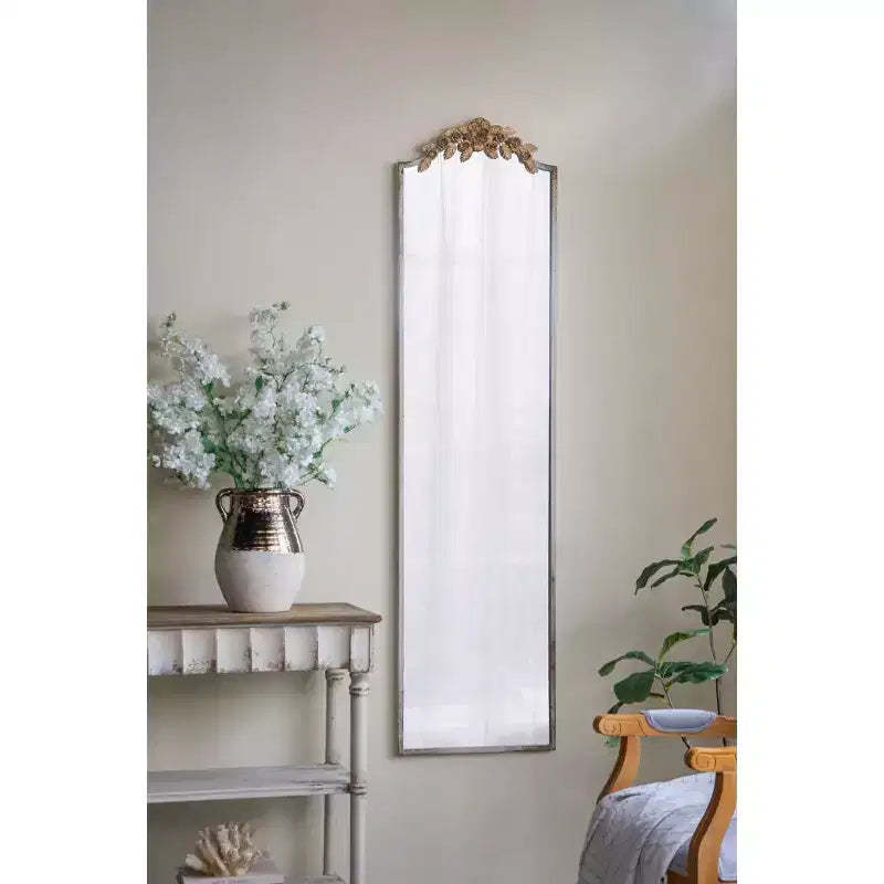 18.1 x 70.9 Inch Rectangular Full Length Wall Mirror with Distressed Ivory Frame and Gold Floral Crown