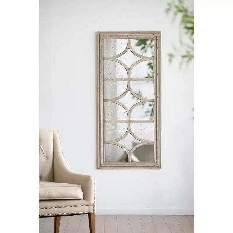 28 x 59 Inch Rectangular Wall Mirror with Distressed White Frame and Window Design