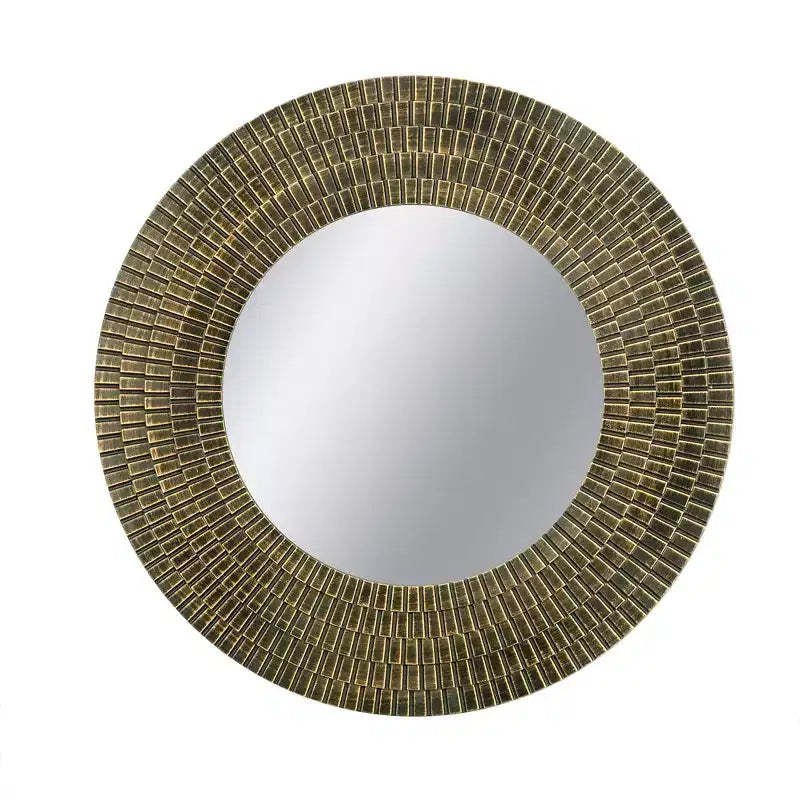 29.5 Inch Round Gold and Black Wooden Wall Mirror with Woven Texture