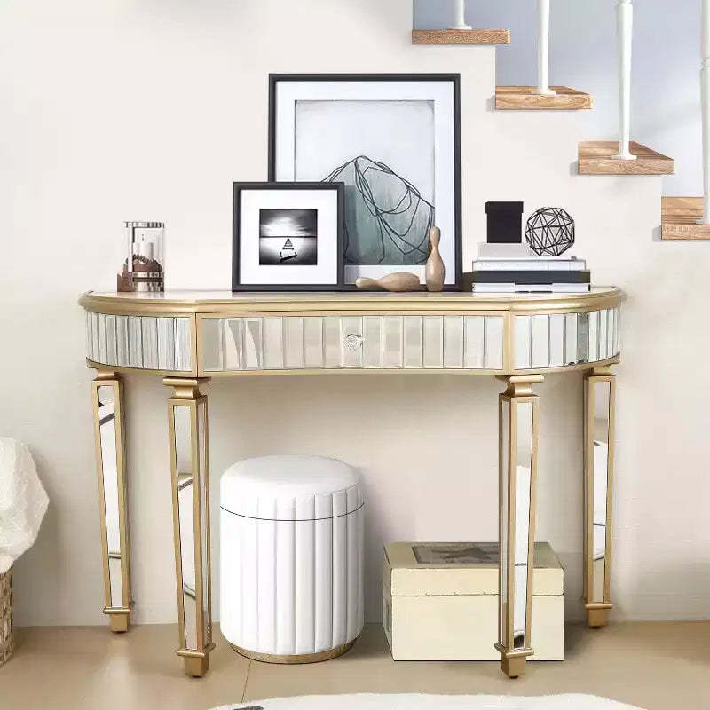 TUYOHW 47 Mirrored Console Table with 2 Drawers,Fluted Glass Half Moon Entryway Table with Crystal Knob,Makeup Vanity for Bedroom,Living Room