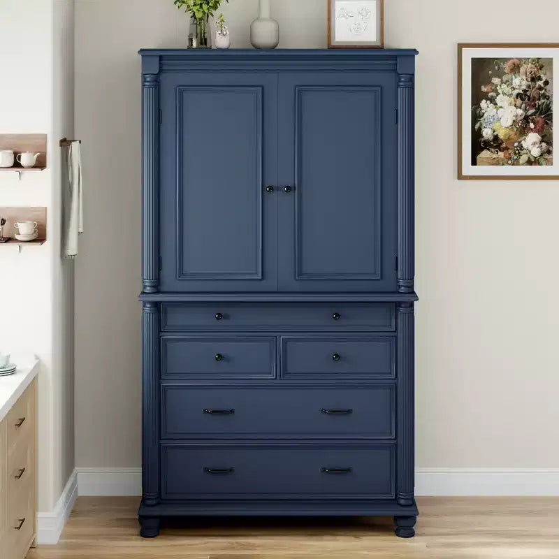 GDFStudio Elea Freestanding Tall Kitchen Pantry Cabinet with 5 Drawers, 6 Door Shelves and 2 Adjustable Shelves