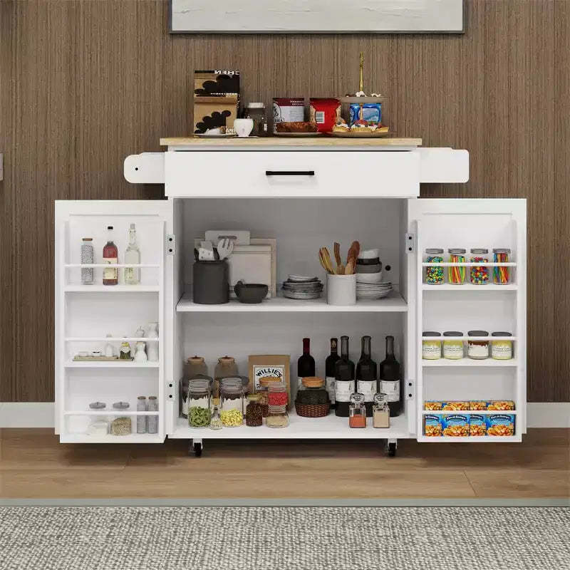 Kitchen Island Rolling Cart with Worktop, Spice Rack, Towel Rack & Drawer, Mobile Trolley Storage Cart for Kitchen Dining Room