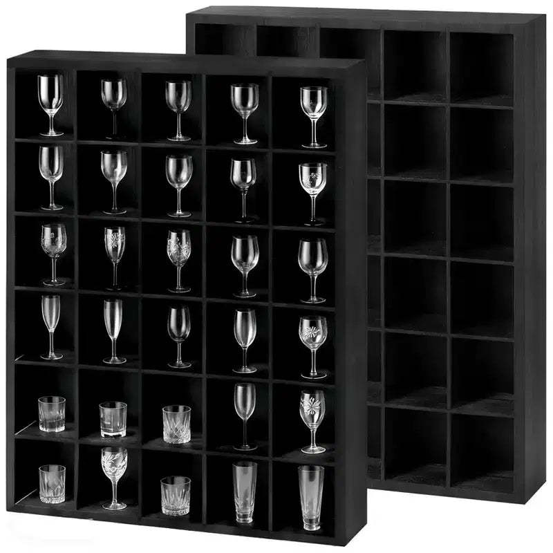 2 Pcs Shot Glass Display Case, Black Wooden Shot Glass Shelf with Removable Shelves, Wall Mounted Shadow Box Thimble Display Case, 30 Slots