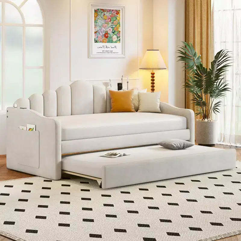 Whisen Twin Size Upholstered Daybed Frame, Velvet Sofa bed with Trundle