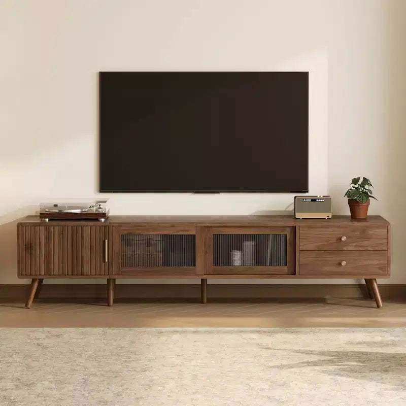 PexFix 76 Modern Minimal Glass-Doors TV Stand Wood-Grain Entertainment Center with Storage Cabinets TV Media Console Table for Living Room/Bedroom