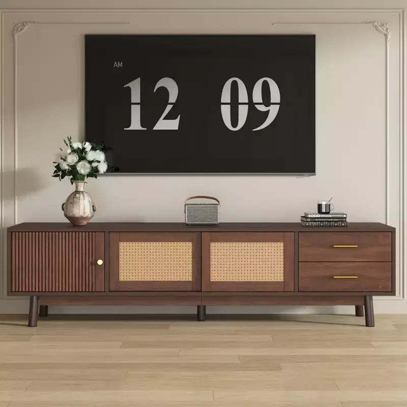 PexFix Mid Century Modern TV Stand for 80 TVs Entertainment Center with Sliding Doors and Drawers TV Table with Storage for Living Room/Bedroom Brown