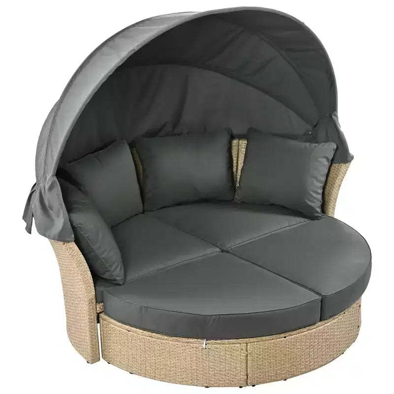 Outdoor Daybed, Round Sofa with Cushions, 4 Pillows, Zippers Cushion Covers, Iron Frame, Retractable Canopy for Garden, Backyard, Lawn, Porch