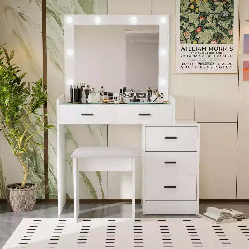 Makeup Vanity Table with Sliding Mirror & 3 Lighting Modes, Dressing Desk with Stool and 5 Drawers for Bedroom