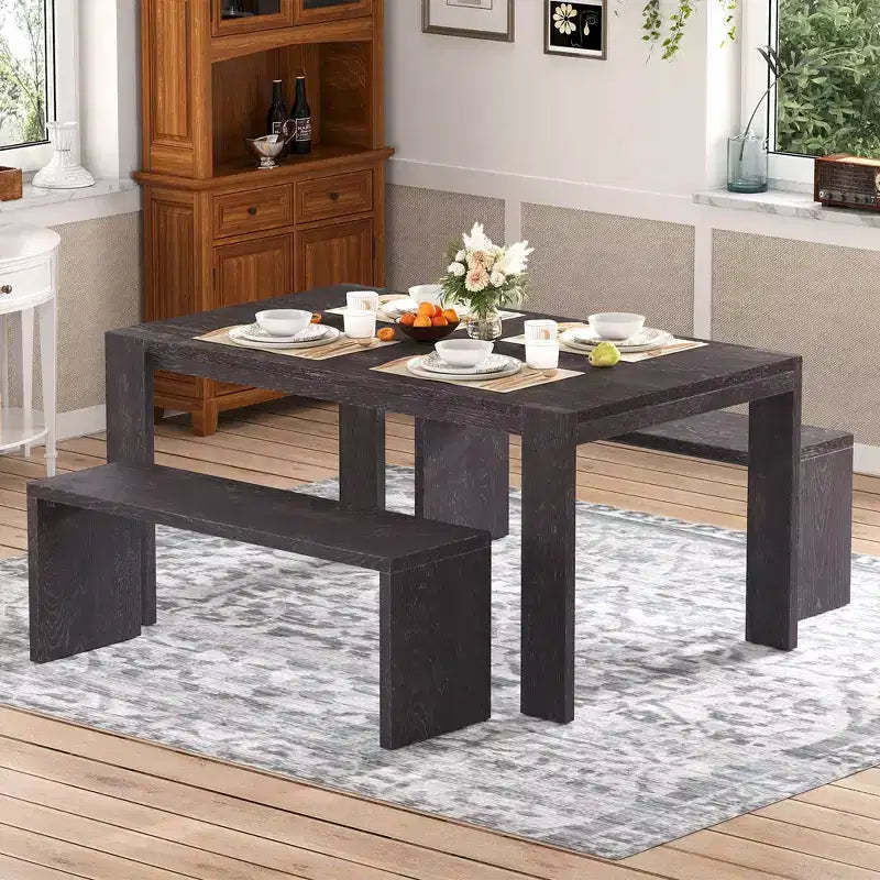 Clihome 3-piece Farmhouse Style Simple Dining Set, Dining Table and 2 Benches, for Dining Room, Kitchen and Living Room