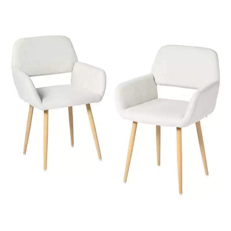 HomeRoots Set of Two Beige and Oak Fabric and Steel Dining Arm Chairs