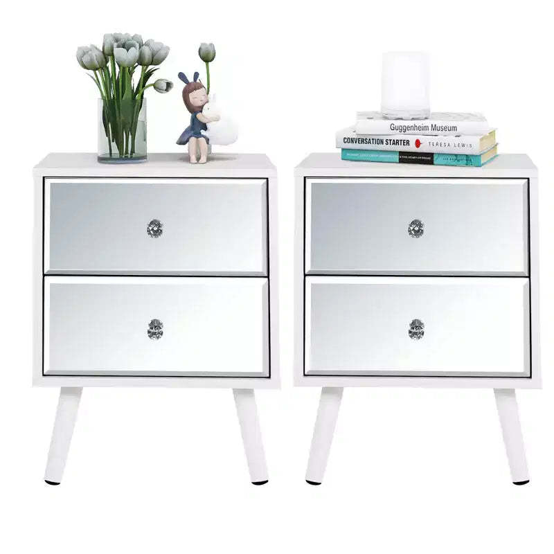 TYBOATLE Set of 2 Modern Mirrored 2-Drawer Nightstands/Beside Table with Solid Wood Legs - White