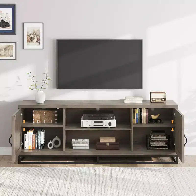 COZONY 63 Mid Century Modern TV Stand for 80 TVs, Media Console with Push-Open Cabinets, Open Shelves