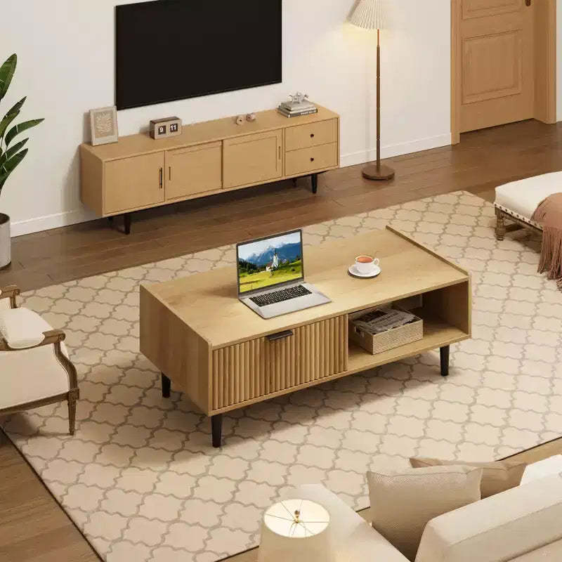Coffee table, modern style coffee table with storage function, including drawers and open shelves, square coffee table for living room.