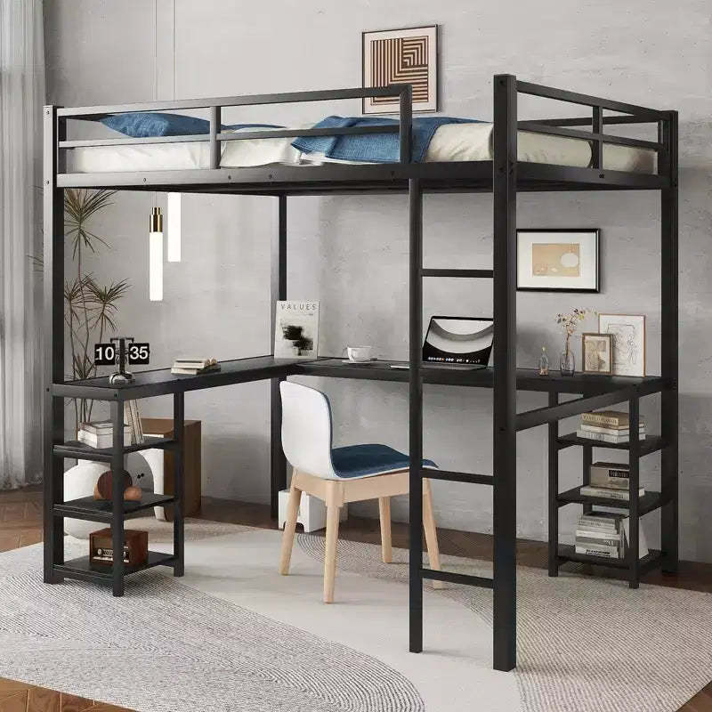 Bellemave Full & Full XL Metal Loft Beds with Desk, Bookshelf & Shelves, L-Shaped Space-Saving Bed Frame with Ladder & Guardrails, Black