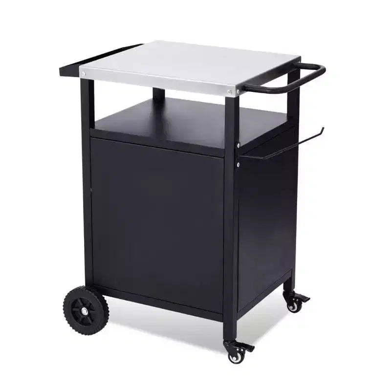 Karl Home 4-Wheel Black BBQ Cart with Stainless Steel Top, Single-Door Cabinet Grill Station