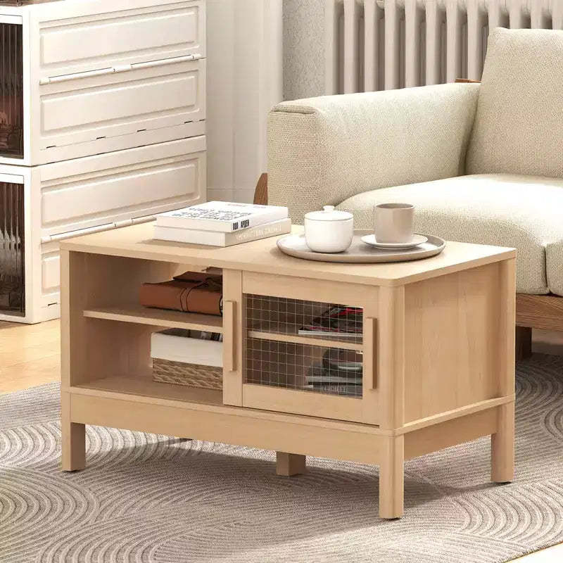 Bestier Modern Coffee Table with Unique Acrylic Sliding Door, Curved Corners & Adjustable Shelves