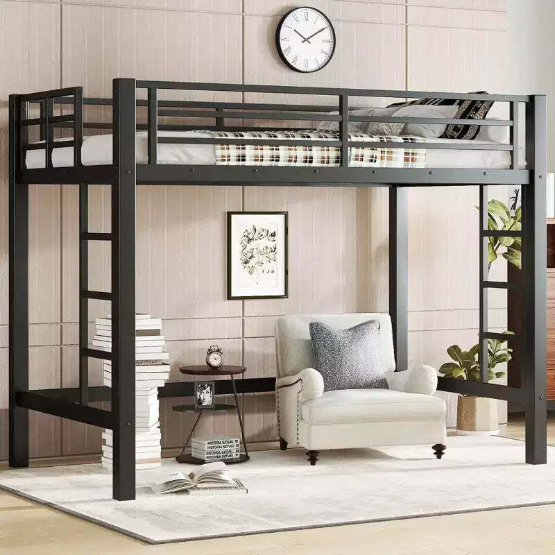Metal Loft Bed, Space-Saving Loft Bed Frame with Dual Ladders & Guardrails, Black - ModernLuxe