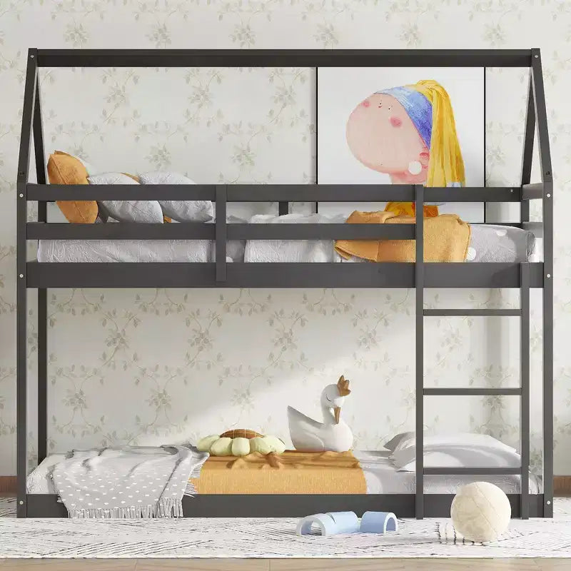 MAYEERTY Twin Rubber Wood Floor BUnk Bed with Ladder, Guardrails, House Shaped Bunk Bed Black