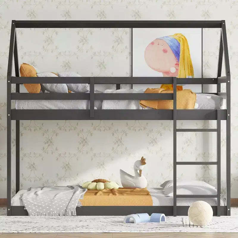MAYEERTY Twin Rubber Wood Floor BUnk Bed with Ladder, Guardrails, House Shaped Bunk Bed Black