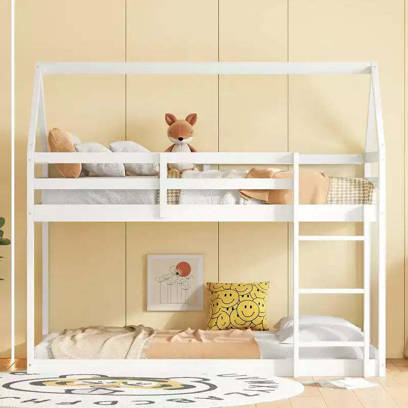 MAYEERTY Twin Rubber Wood Floor BUnk Bed with Ladder, Guardrails, House Shaped Bunk Bed Gray