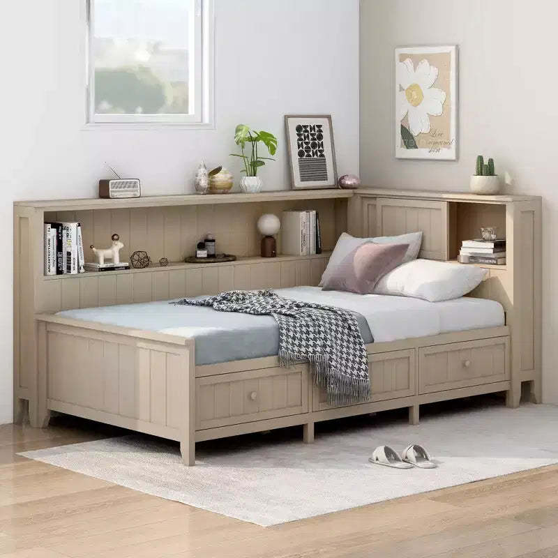 Clihome Twin Size Wood Daybed with Storage Shelves and 3 Drawers