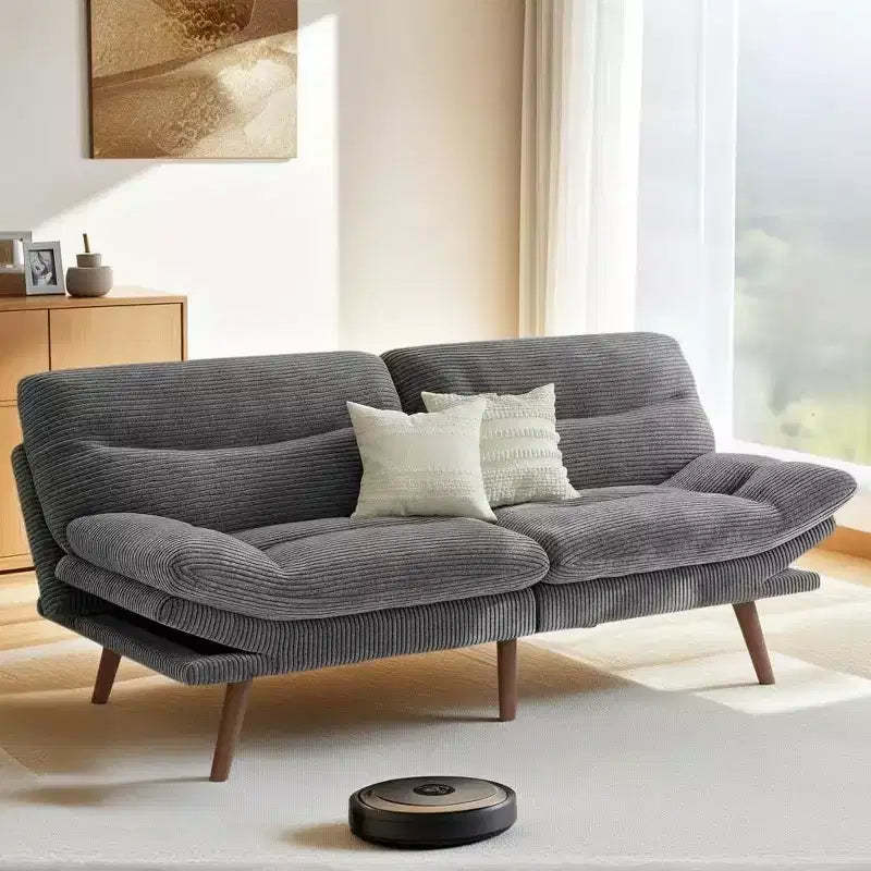 66 In Corduroy Futon Couch Convertible with Adjustable Backrest and Armrests, for Small Spaces Living Room, Apartment, Guest Room or Office, Grey