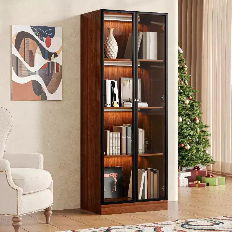 ATJafurn Brown 23.6''4-Tier China Display Cabinet, Mid Century Modern Wooden China Storage Hutch Dining Shelf with Glass Door for Home & Office