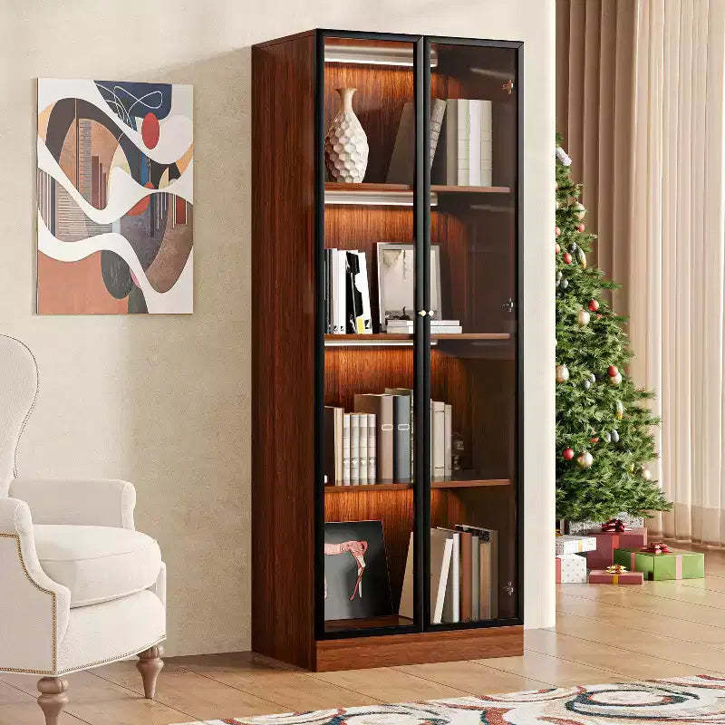 ATJafurn Brown 23.6''4-Tier China Display Cabinet, Mid Century Modern Wooden China Storage Hutch Dining Shelf with Glass Door for Home & Office
