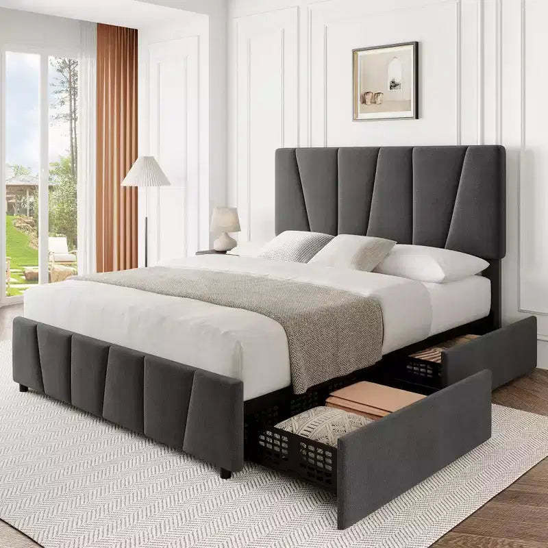 COZONY Twin/Queen Bed Frame with Adjustable Headboard & 4 Storage Drawers, Velvet Tufted Platform Bed