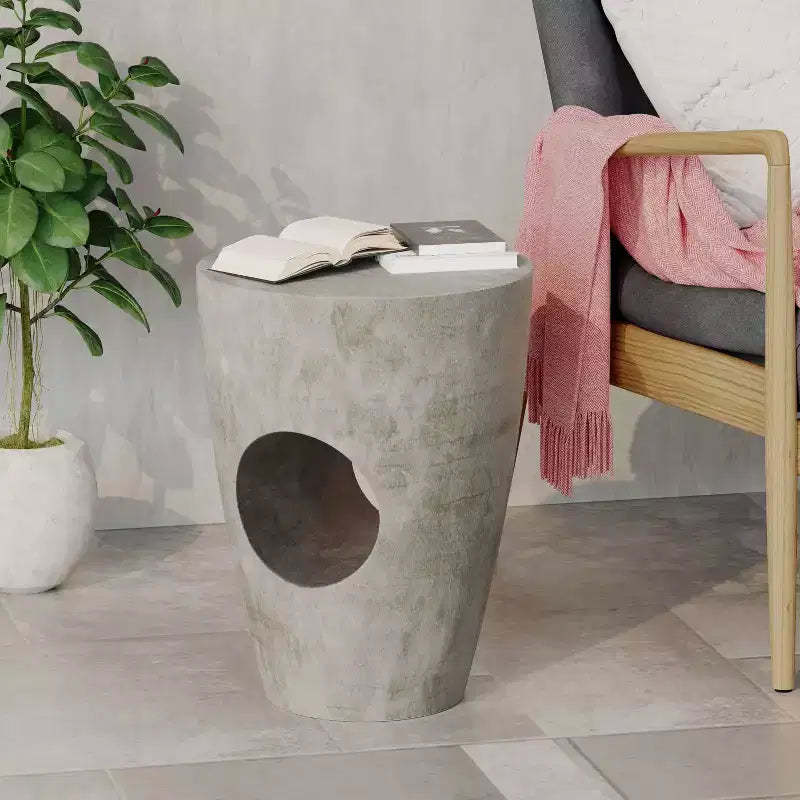 MAYEERTY Elegant Outdoor End Table, Concrete Round Top Drum Shape