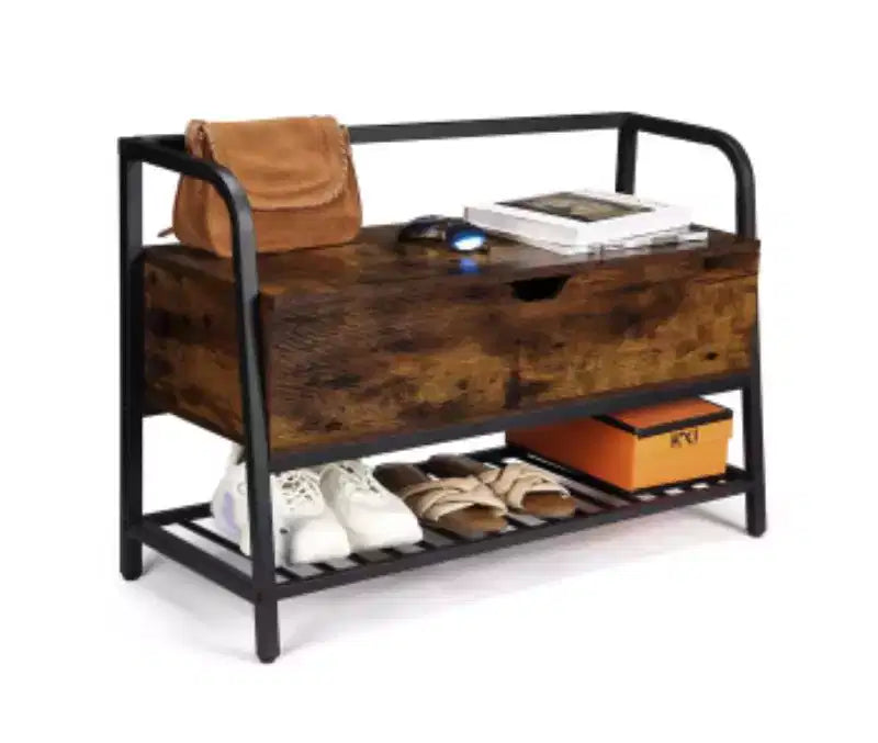 Retro Smoked Wood & Black Shoe Bench (Iron + Wood)