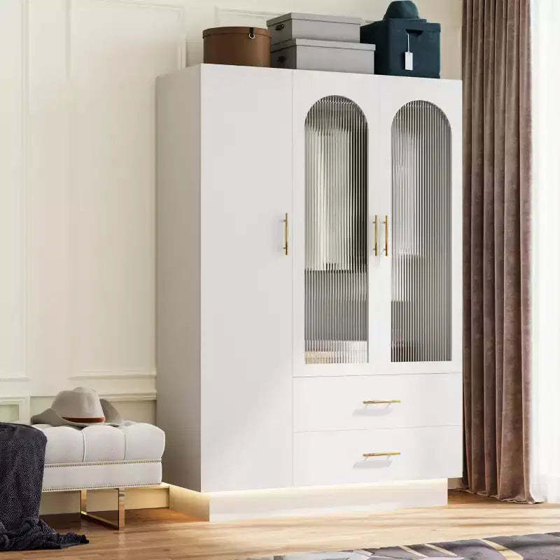 COZONY 71 White Bedroom Armoire, Wardrobe Closet with Fluted Glass Doors, Hanging Rod and Drawers