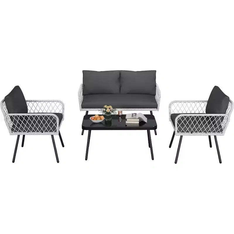 Patio Furniture Set, Outdoor All-Weather Wicker Furniture with Coffee Table, Patio Conversation Sets with Cushions for Balcony, Garden, (4-Piece)