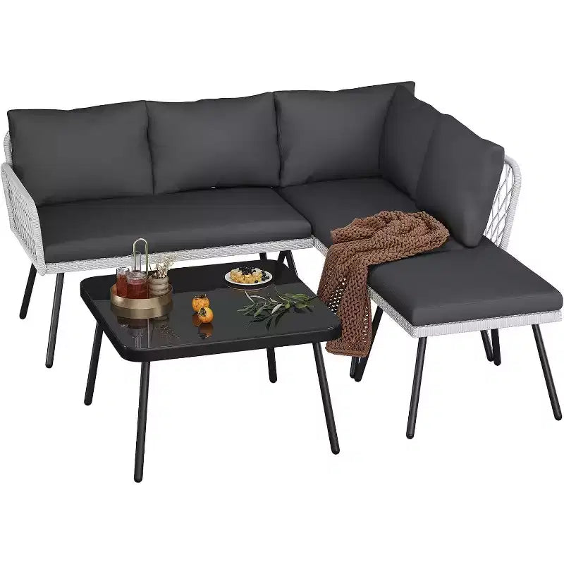 L-shaped Wicker Outdoor Furniture Set, 4-Piece Patio Sectional Sofa with Handmade Rattan, Conversation Set for Backyard, Garden, Grey