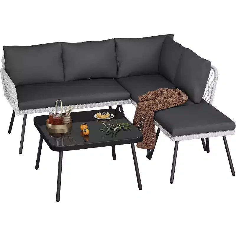 L-shaped Wicker Outdoor Furniture Set, 4-Piece Patio Sectional Sofa with Handmade Rattan, Conversation Set for Backyard, Garden, Grey