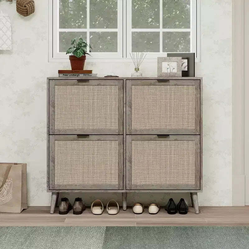GDFStudio Sophie Farmhouse Wooden Rattan Shoe Rack with 4 Tilt-Out Doors