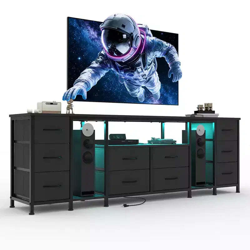 10 Drawer Dresser, TV Stand with Fabric Drawers and Power Outlets for 75 70 65 Inch TV, TV Console Table, Entertainment Center with Storage Shelves