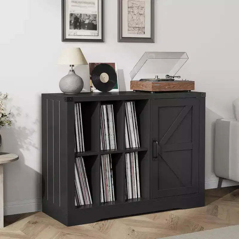 Acekool Farmhouse Record Player Stand, Black Barn Door Vinyl Storage Cabinet Holds 750 Albums, Media Console for Living Room