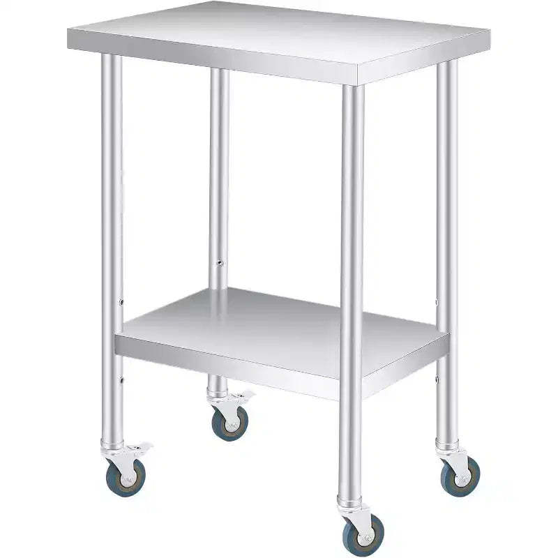 Stainless Steel Work Table, 24x18 Inches, Adjustable Undershelf & 4 Casters, Heavy-Duty for Commercial, Kitchen, or Outdoor Use