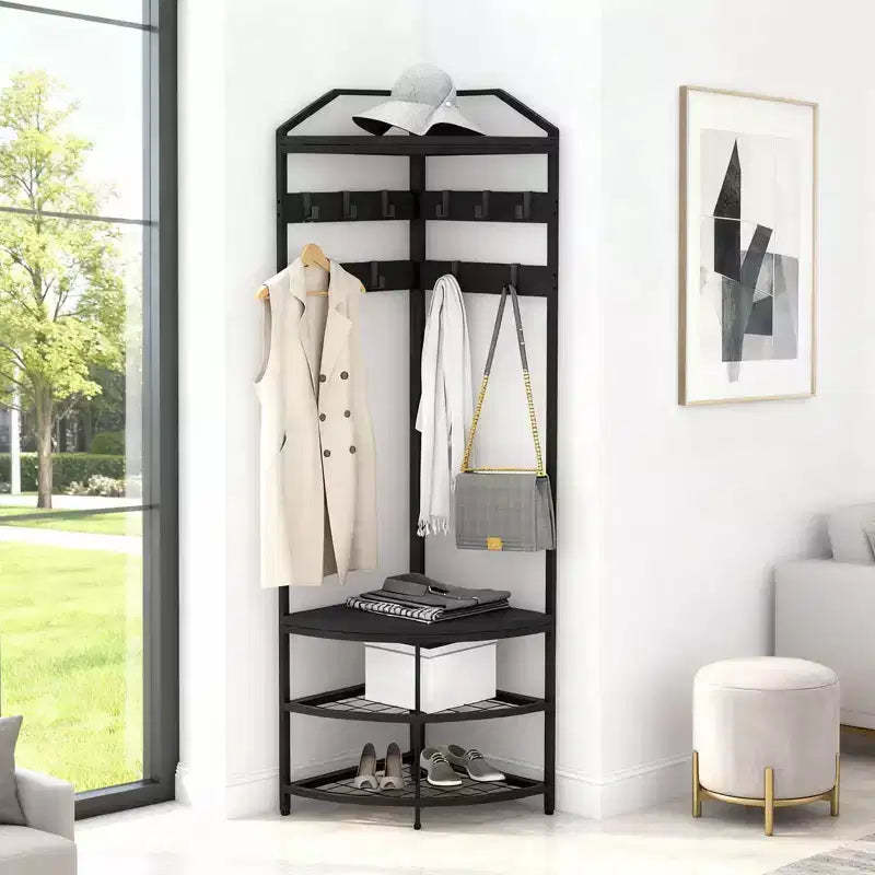 Acekool Black Corner Coat Rack with Storage, Metal Hall Tree with Mesh Shoe Shelves