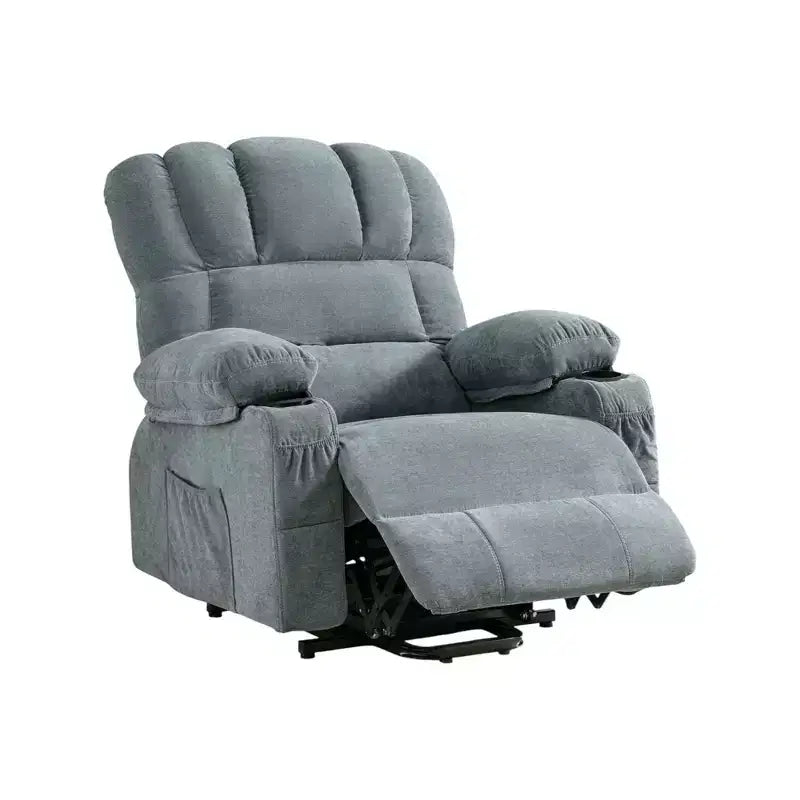 HomeRoots 39 Blue Faux Leather Leather Heated Massage Lift Assist Recliner With USB
