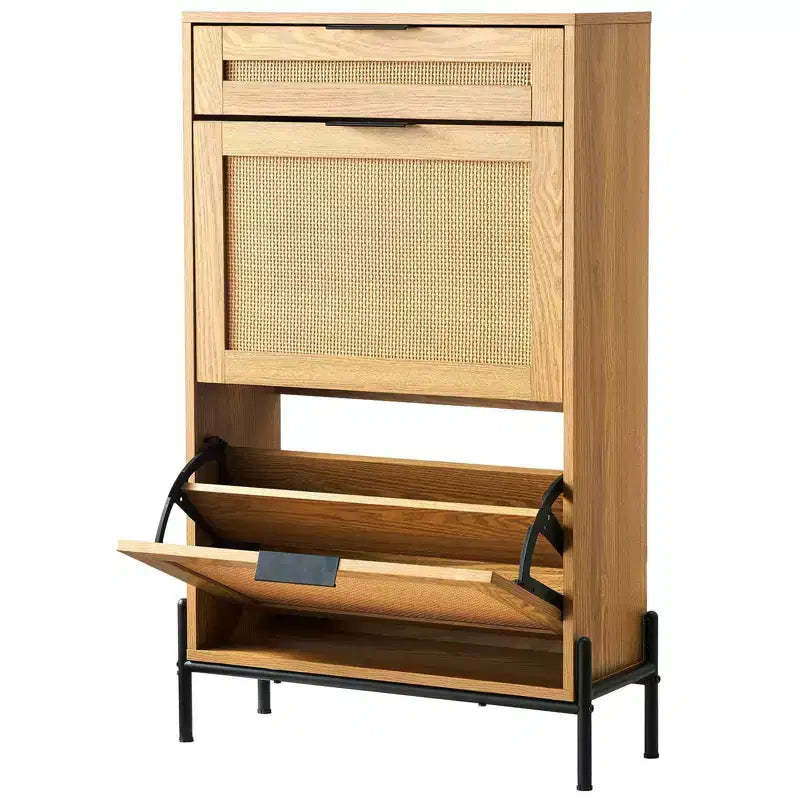 VIYET Slim Rattan Shoe Storage Cabinet,2 Flip Rattan &1 Slide Drawers,Metal Legs,Entryway/Hallway/Closet,Light Wood Color