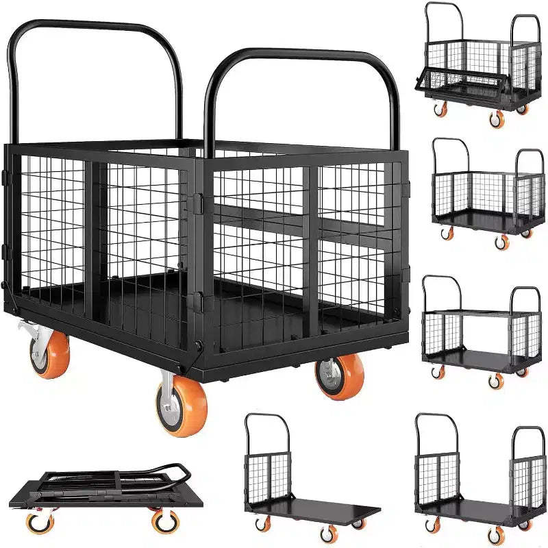 COZONY Platform Truck Cart with Cage, Hand Moving Cart 2000LBS, 6-in-1 Folding Hand Truck Cage Carts w/ Basket for Warehouse Moving,39 x 24in,Black