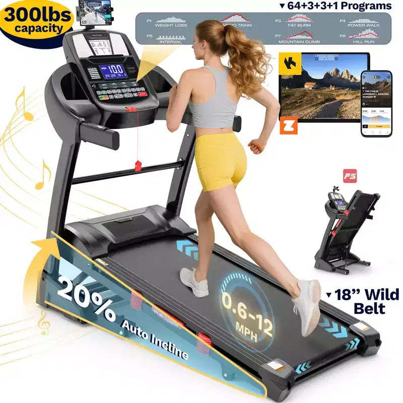 Treadmill for Home, 20% Auto Incline12MPH Speed, LED, 300LBS Capacity, Bluetooth Speaker, 4.75HP Home Office Treadmills for Running Jogging Walking